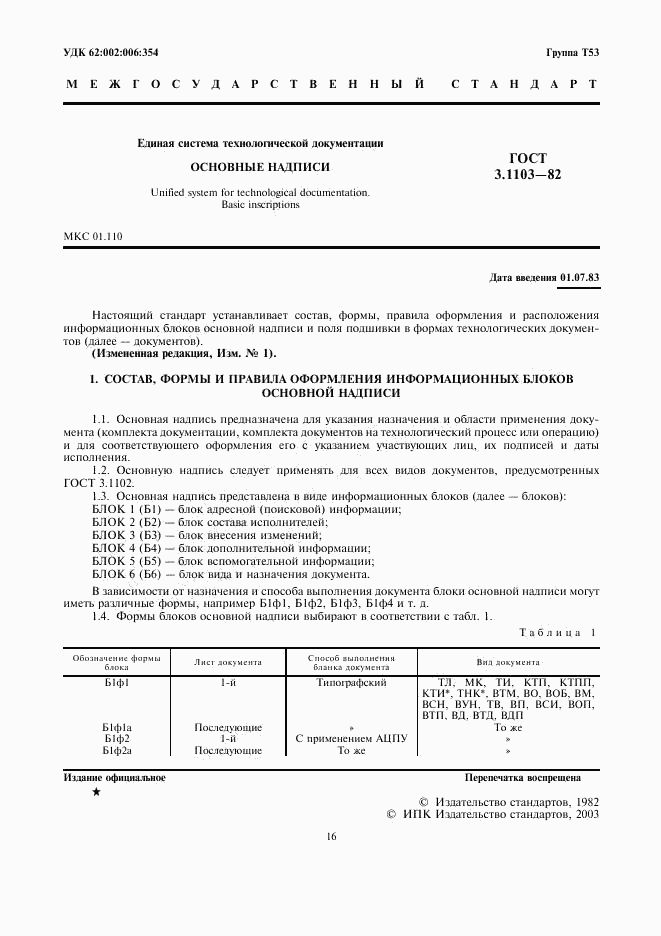 ГОСТ 3.1103-82, страница 1